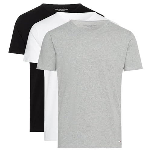 Image of Tommy Hilfiger Men’s 3 Pack Short Sleeve Round Neck Stretch T-Shirts, Multicolor (Black/White/Grey Heather), M
