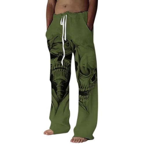 Image of Joggers for Men UK Skull Funny Printed Jogging Bottom Wide Leg Loose-fit Tracksuit Bottom with Drawstring Elastic Waisted Casual Men's Trouser Activewear Homewear Lightweight Sweatpants Green