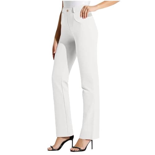 Image of RLEHJN Yoga Pants for Women, Ladies Casual Smart Trousers Straight Leg High Waisted Office Work Formal Trousers with Pockets Casual Stretchy Lounge Pants Plain Full Length Bottoms Active Wear White