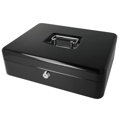 Image of Westcott Lockable Cash Box (large, 30 cm) Black | Lockable cash box made of sheet steel with 2 keys | Removable coin tray with 5 compartments | E-51002 BLACK