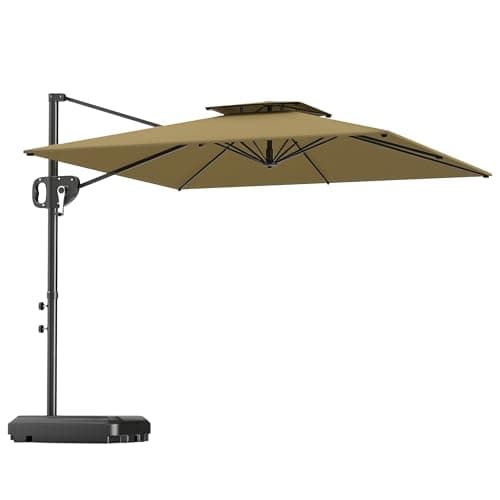 Image of Outsunny 2.5m Garden Cantilever Parasol with Fillable Base, Up to 40kg, Double Top Garden Parasol, Square Overhanging Patio Umbrella with Crank Handle and Tilt for Outdoor Sun Shade, Khaki