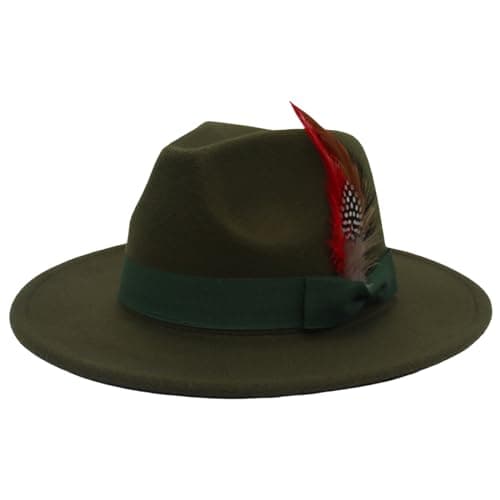 Image of Women Men Retro Fedora Feather Decor Hat Wide Brim Wool Felt Cap Jazz Hat Panama Floppy Elegant Hat Party Wedding (A-Army Green, ONE Size)