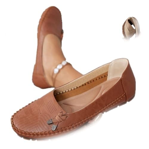 Image of Stylish Orthopedic Leather Shoes-All-Day Comfort for Women, Lightweight Slip on Stitched Flat-Soled Casual Orthopedic Slip on Shoes (Brown,6)