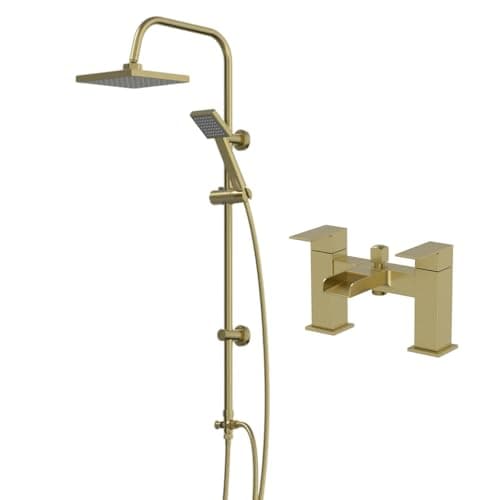Image of Architeckt® Square Waterfall Bath Shower System Mixer Shower Tap with Modern Square Riser Rail Kit Dual Rainfall Shower Heads Handset, Brushed Brass