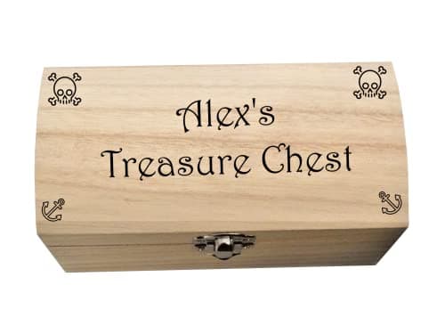 Image of Personalised Wooden Treasure Chest Box with Laser Engraved Name – Kids Memory Box, Pirate Design, Keepsake Storage Box with Chrome Clasp – Gift for Boys, Girls, Birthdays & Special Occasions
