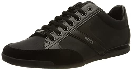 Image of BOSS Mens Saturn Lowp Mixed-Material Trainers with Suede and Faux Leather Size 7 Black