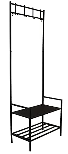 Image of DIVCHI Coat Rack Stand with Shoe Rack and Hooks Free Standing Hall Tree Matte Steel Frame Hat Rack Coat Stand for Storage, Metal,Black, 61 x 33 x 168.5 cm