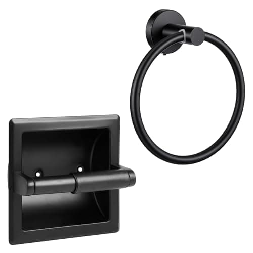Image of LemonRoad 2 Pcs Towel Ring and Recessed Toilet Paper Holder Pack, Matte Black Stainless Steel Bathroom Hardware, Wall Mount Pivoting Toilet Paper Dispenser & Heavy Duty Towel Roll Holder for Bathroom