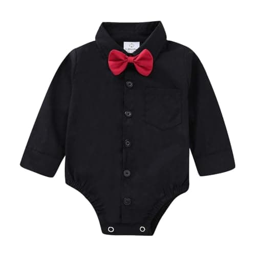 Image of OPAWO Baby Shirt Romper 100% Organic Cotton Newborn Vests, Long Sleeve Bodysuits for Baby Boys and Girls, Bow-tie Button Down Babies T Shirts for Wedding Suit Christening Outfit (Black L,0-3 Months)