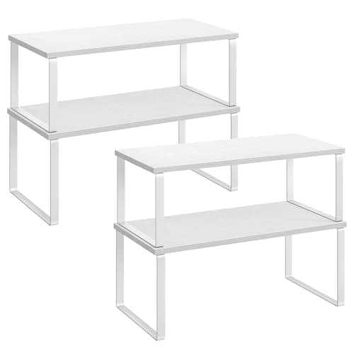 Image of SONGMICS Kitchen Cupboard Organisers, Set of 4 Counter Storage Shelves, Stackable, Expandable Spice Racks, Metal and Engineered Wood, Cloud White and Snow White KCS028W01
