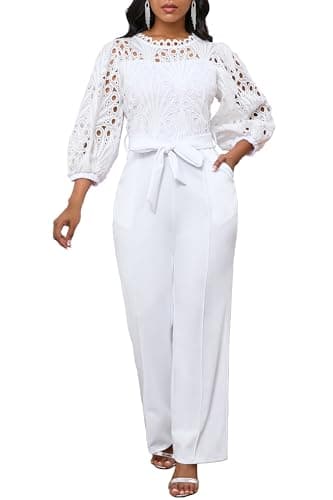 Image of IWFEV Women's Jumpsuit Puff Sleeve Lace Jumpsuit Mid-Calf Short Sleeve Hollow Party Evening Romper with Pockets XXL White