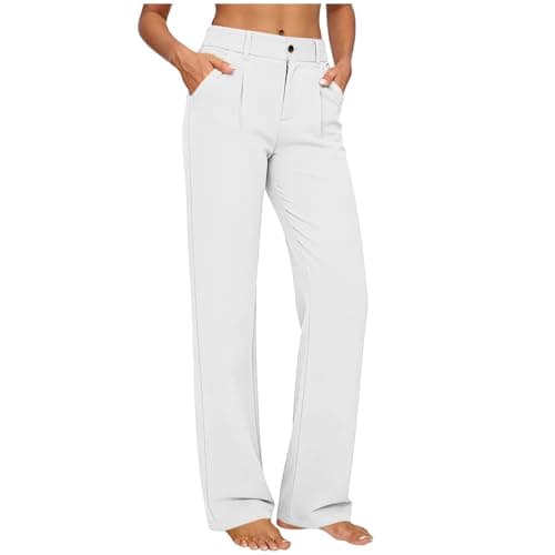 Image of Ladies Trousers, Work Trousers for Women Ladies Elegant Slim Fit Pants Office Stretch Suit Pants with Pockets Wide Leg Yoga Palazzo Pant Tummy Control Jogging High Elastic Waist Bottoms White