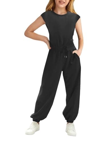 Image of Haloumoning Girl Jumpsuits Kids Fashion Long Pants Girl Summer Short Sleeve Overall Casual Sport Jumpsuit, Black, 12-14 Years