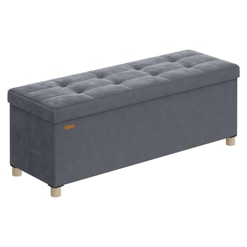 Image of SONGMICS Storage Ottoman, 38 x 110 x 40 cm, Folding Storage Bench with Lid, Footstool, Footrest, 112 L, Velvet Surface, for Bedroom, Hallway, Living Room, Slate Grey LSF0518G03