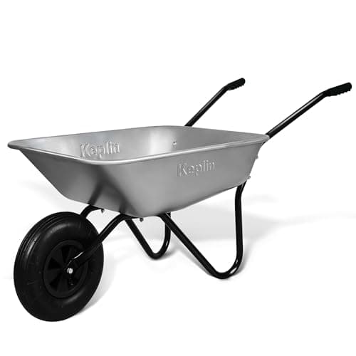 Image of Keplin 65L Garden Wheelbarrow with Pneumatic Tyre – Single Wheel Steel Garden Barrow Supports 100kg Load Capacity, Heavy Duty Wheelbarrow for Soil, Compost, Tools & Outdoor Gardening Tasks