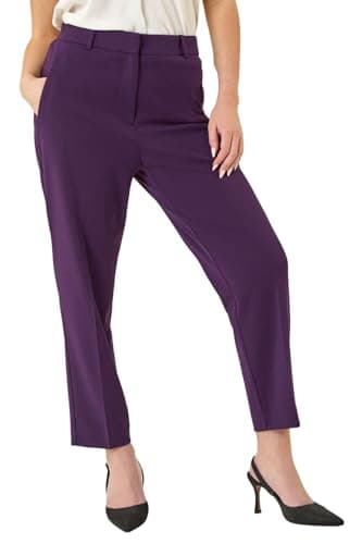 Image of Roman Straight Leg Stretch Trousers for Women UK Ladies Work Office Smart Suit Pants Slacks Cigarette Tailored High Elasticated Waist Ankle Grazer Slim Angela - Purple Short (25 inch) - Size 18