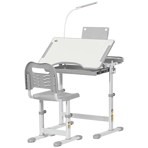 Image of HOMCOM Kids Desk and Chair Set, Height Adjustable Study Desk with USB Lamp, Storage Drawer for Study, Grey and White