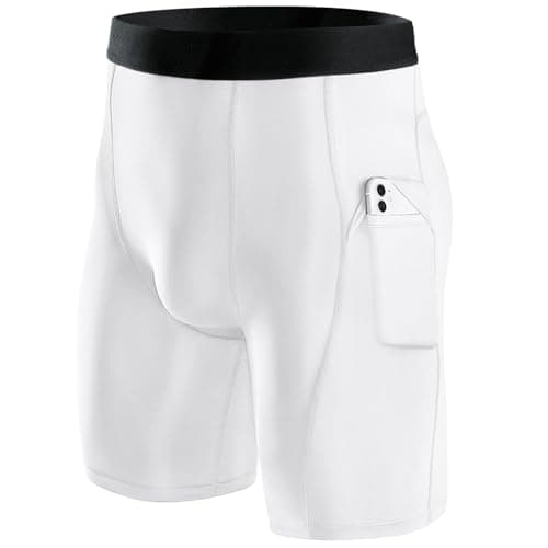 Image of Niksa 1 Pack Mens Compression Shorts Running Base Layer Shorts Men’s Compression Workout Shorts with Cell Phone Pockets Tight Dry for Cycling,Gym,Running,White,L