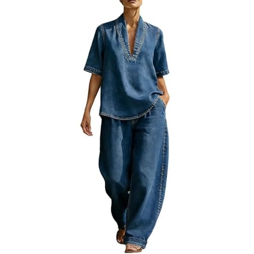 Image of Lounge Sets for Women Airport Two Piece Outfit Women Uk Denim Co Ord Sets Sleeveless Short Sleeve Blouses Wide Leg Jeans Casual Ladies Travel Suits Womens Summer Cotton Lounge Wear A2 Blue XL