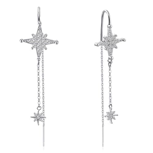 Image of Weviway Crystal Star Drop Earrings, Silver Chain Threader, Double Star Design, Dangle Style, Pullthrough Gifts for Women