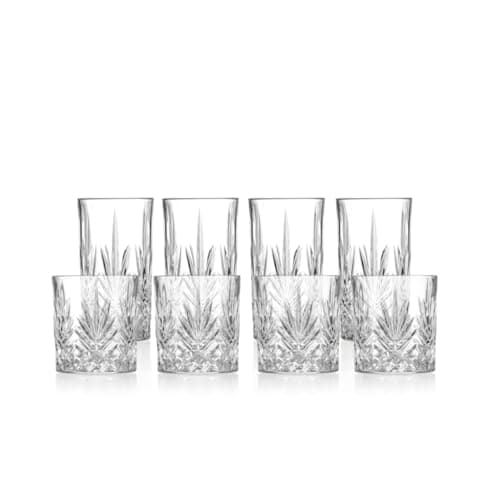 Image of klink LONDON Mayfair Crystal Glass Set – 8 Piece Lead-Free Crystal Drinking Glasses, 4 Tumblers & 4 Highballs, Vintage Cut Whisky Cocktail Water Glasses, Dishwasher Safe