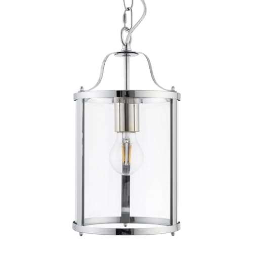 Image of firstchoicelighting Chrome Pendant Light with Clear Glass Panels in Traditional Lantern Style, Kitchen Dining Lighting, Height Adjustable