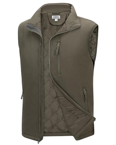 Image of Outdoor Ventures Men's Softshell Puffer Gilet Waterproof Hydrid Gilet Windproof Outerwear Vest Winter Padded Bodywarmer Insulted Jacket with 4 Pockets for Running Cycling Hiking Golf Olive Green L