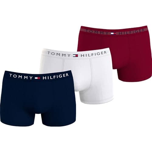 Image of Tommy Hilfiger Men’s 3 Pack Trunks Underwear, Multicolor (Des Sky/White/Rouge), M