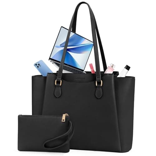 Image of RAINSMORE Laptop Tote Bags for Women 15.6 Inch, PU Leather Ladies Laptop Handbags with Clutch, Large Shoulder Work Bag for School Office Business Black