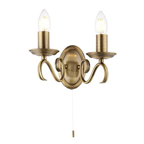 Image of Betta Lighting Decorative Wall Light – Dimmable Twin Wall Lights with Pull Chord Switch – Twisted Arm Indoor Wall Lamp – LED Wall Sconce for Bedroom Hallway 60W E14 Candle (not Included) Brass