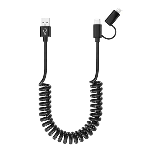 Image of USB to USB-C and Lightning Cable Combo 2 in 1 Coiled Cable Apple Carplay & Android Auto Compatible [MFi & 3A Fast Charge & Data Sync] Coiled Lightning and USB C Cable for iPhone 16/15/14/13/12/Android