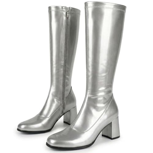 Image of Golden Beads Womens Fancy Dress Party Go Go 1960s & 1970s Retro Look Girls Shoes Costume Heels Boots Zip Closure Size 3-12uk (Silver, 4 UK, UK Footwear Size System, Adult, Women, Numeric, Medium, 4)