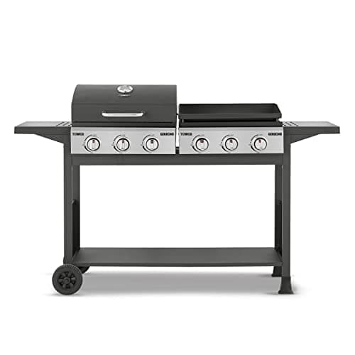 Image of Tower Goucho, 6 Burner Gas BBQ and Plancha with Precision Heat Thermometer and Waterproof Cover, Black, T978544