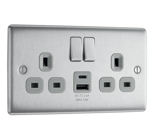 Image of BG Electrical 12W Double Switched Power Wall Plug Socket with Type A and Type C USB Charging Ports, Nexus Metal, Brushed Steel, Grey Inserts, 13A, NBS22UAC12G