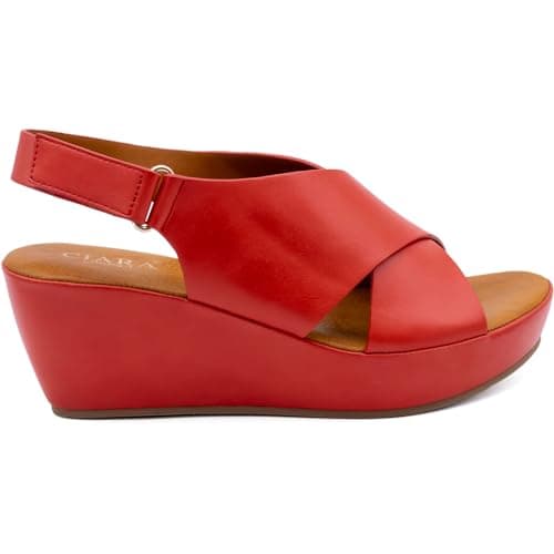 Image of CIARA LONDON Ladies Open Toe Slip On Mid Heel Wedge Hook And Loop Casual Summer Sandals, Red, UK 8