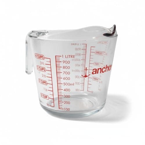 Image of Chabrias Ltd 1 Litre Glass Measuring Jug – Clear Tempered Glass with Red Graduations in ml, Cups & Pints – Dishwasher Safe & Freezer Safe Kitchen Measuring Cup