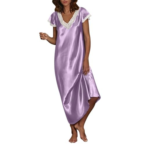 Image of Womens Luxury Satin Long Chemise Ladies Sleeveless Lightweight Lace Nightdress Comfotable Breathable Summer Nightwear Long Negligees Strap Chemise Nighties V Neck Full Slips Sleepwear s for Women