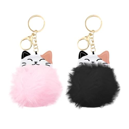 Image of Qusmeiyici 2PCS Fluffy Plush Cat Keyrings, Pom Pom Keychain Plush Ball Key Chains Pendant Cute Cat Keyring Charm Bag Purse Decor Accessories