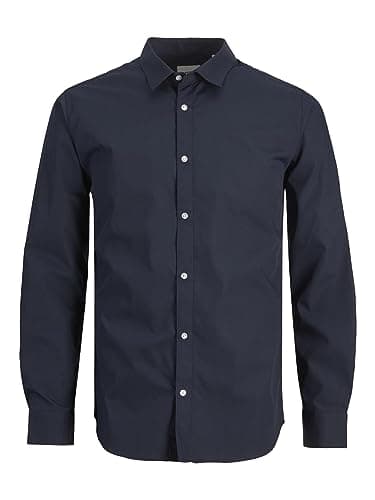 Image of JACK & JONES Men’s Long Sleeve Shirt, Plain Cotton Button-Down Casual Shirt with Full Front Fastening and Classic Collar – Smart Casual Style Shirt, Navy Colour, UK Size - L