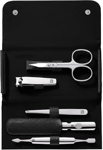 Image of ZWILLING Manicure Set (5 piece travel-size pedicure set, with nail clipper, genuine leather case), Polished Stainless Steel, Black