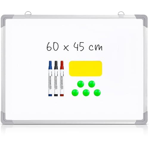 Image of Magnetic Whiteboard 60x45 cm Large Dry Erase White Board Double Sided, Silver Aluminium Frame, Big Whiteboard Wipe Board for Wall Office School Home Classroom, Includes 3 Markers 5 Magnets 1 Eraser