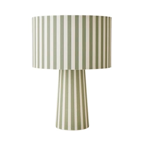 Image of ValueLights | Thorley Green and Cream Stripe Drum Shade Full Fabric Table Lamp with LED Bulb | Table Lamps, Home Décor & Improvement Essential | Included LED Bulb