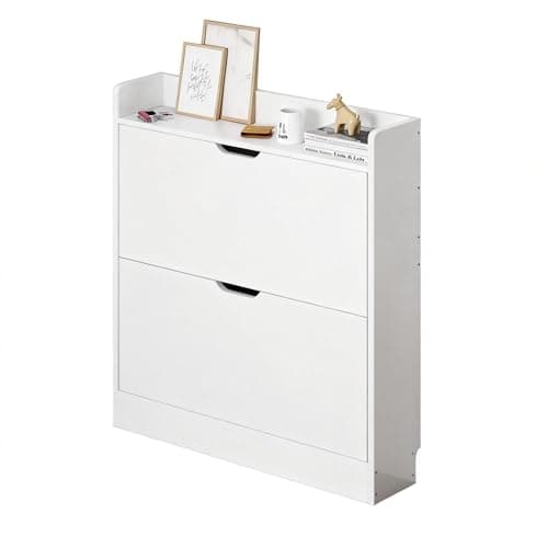 Image of Liwankaqi Slim Shoe Cabinet, 2 Flip Drawer Freestanding Storage Unit 50×24×80CM, White Narrow Shoe Rack with Top Shelf, Wall-Fitted for Entryway Hallway Living Room, Small Space Home Organiser