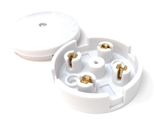 Image of Round Junction Box, White, 4-Terminal, 60x25mm, 5A Rated, Multiple Cable Entry Points for Lighting and Low-Power Circuits