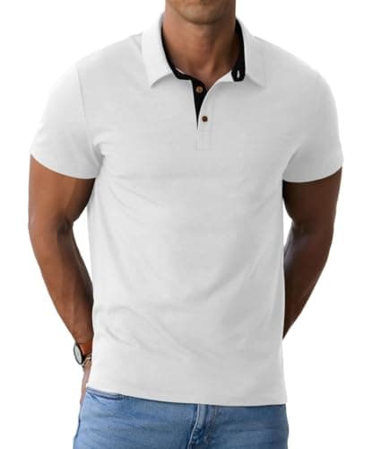 Image of PrinStory Polo Shirts For Men UK Short Sleeve Cotton T-Shirts Summer Casual Top Contrasting Colors Collar Golf Shirt With Pocket (White, L)