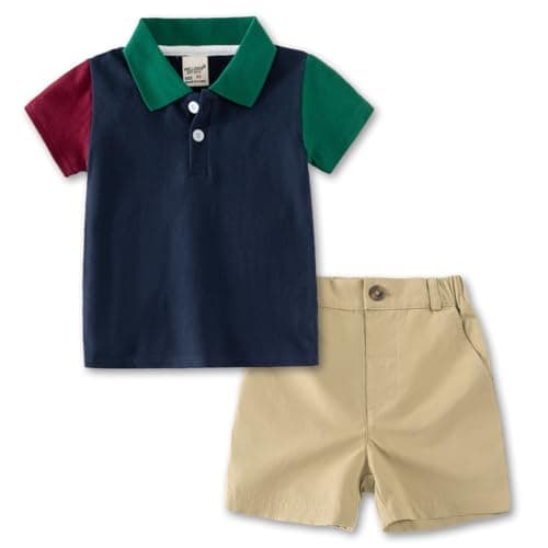 Image of Volunboy Toddler Boys Summer Clothes, Short Sleeve Polo Shirt Tops & Shorts Activewear Casual Sport Outfits 1-6 Years(Patchwork Blue,4-5 Years,Tag Size 120)