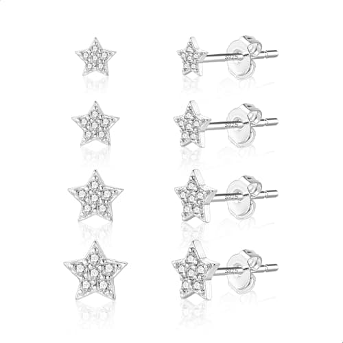 Image of 925 Sterling Silver Studs Earrings 4 Pairs Silver Star Earrings Different Sizes Studs with Zirconia Shiny Diamond Studs -Earrings Set Sterling Silver 925 Small Tiny StarStuds-Earrings for Girls Women