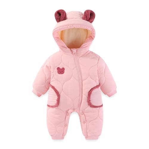 Image of JiAmy Baby Snowsuit Winter Romper Hooded Boys Girls Jumpsuit Bear Thick Windproof Infant Newborn Clothes 3-6 Months Pink