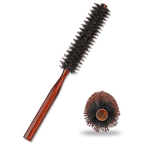 Image of Boar Bristle Hair Brush - Small Round Blow Drying Brush with Nylon Pin and Natural Wooden Handle, Soft Bristles for Straightening, Curling, Volumizing and Detangling