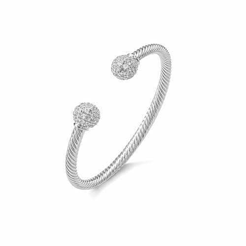 Image of THE BLING KING 4mm Silver Plated Torque Bangle Bracelet with Stones for Women – Adjustable 7.5 to 8 Inch, Lightweight Silver Ball Cuff Style